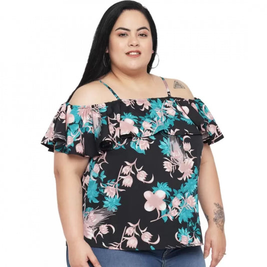 Indoraa Women's Casual Floral Print Black Top (Color:Black, Material:Polyester)
