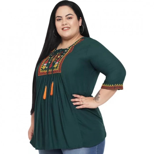 Indoraa Women's Casual Embroidered Dark Green Top (Color:Dark Green, Material:Rayon)