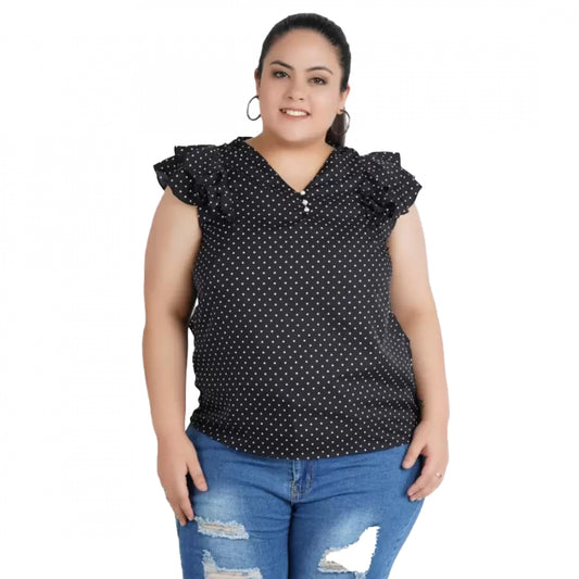 Indoraa Women's Casual Flutter Sleeve Polka Print Black Top (Color:Black, Material:Crepe)