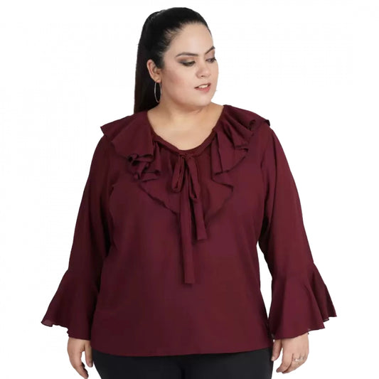 Indoraa Women's Casual Bell Sleeve Solid Maroon Top (Color:Maroon, Material:Georgette)