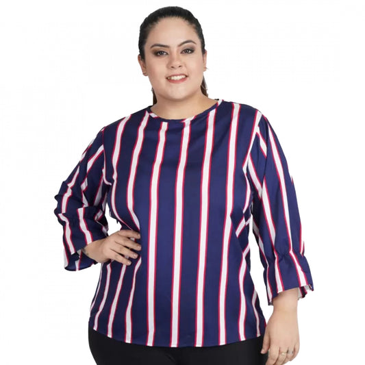 Indoraa Women's Casual Bell Sleeve Striped Blue Top (Color:Blue, Material:Crepe)