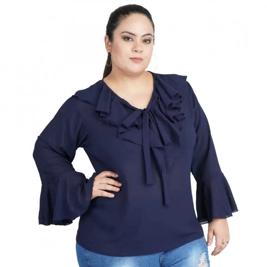 Indoraa Women's Casual Bell Sleeve Solid Blue Top (Color:Blue, Material:Georgette)