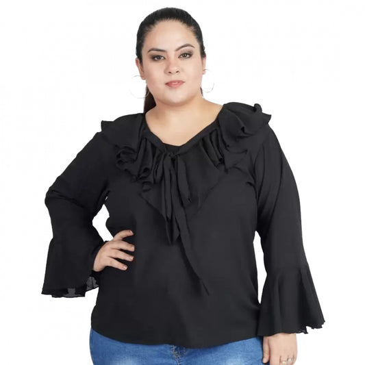 Indoraa Women's Casual Bell Sleeve Solid Black Top (Color:Black, Material:Georgette)