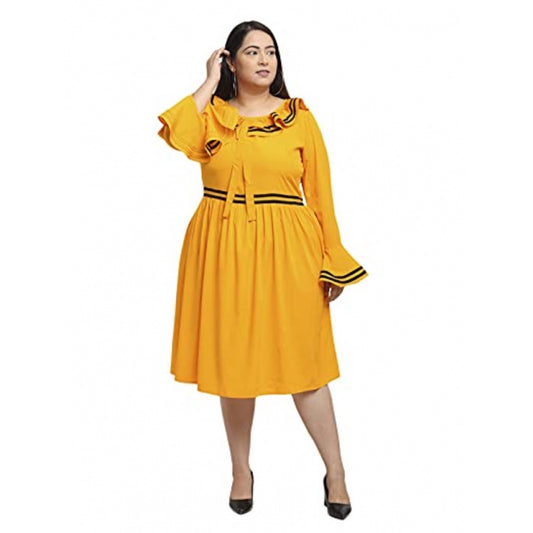 Indoraa Women's Crepe Solid Knee Length Fit and Flare Dress (Yellow)