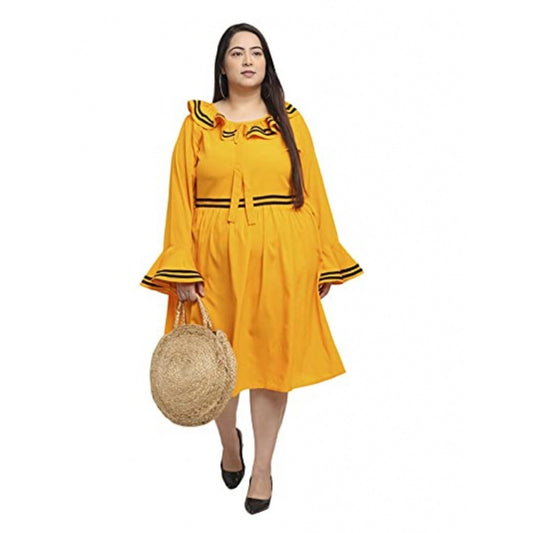 Indoraa Women's Crepe Solid Knee Length Fit and Flare Dress (Yellow)