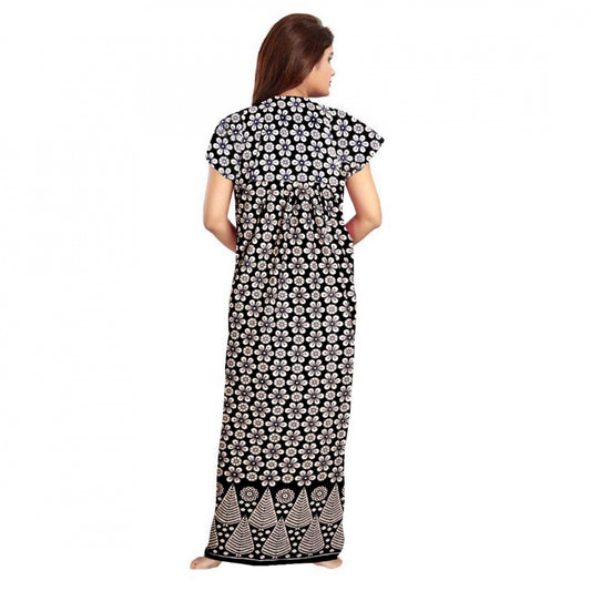 Indoraa Women's Cotton Printed Maxi Nighty (Black)