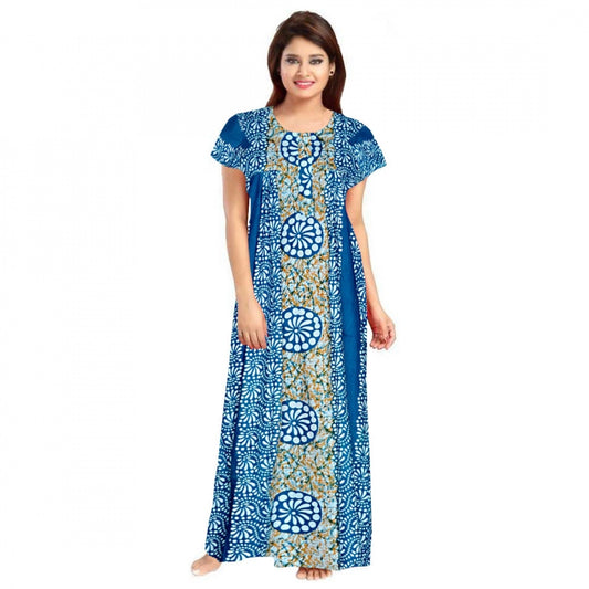 Indoraa Women's Cotton Printed Maxi Nighty (Blue)
