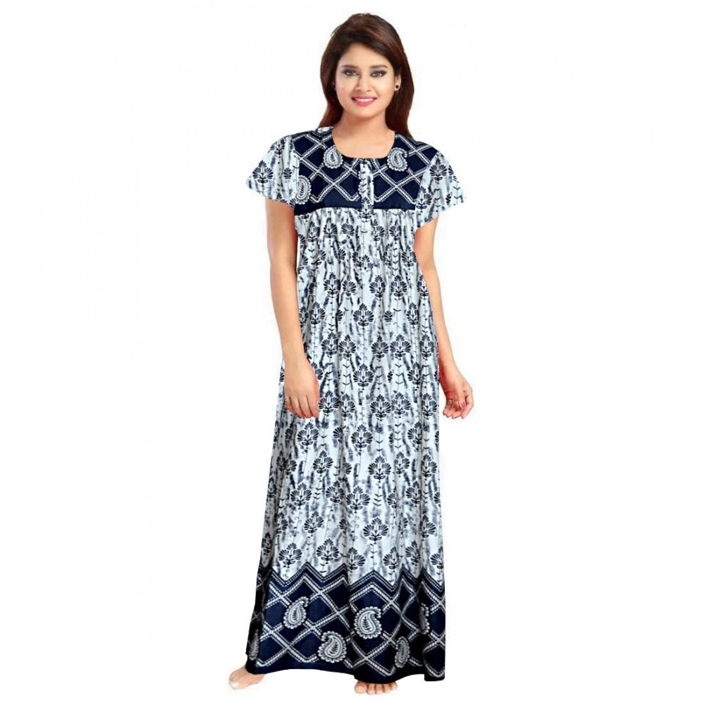 Indoraa Women's Cotton Printed Maxi Nighty (Navy Blue)