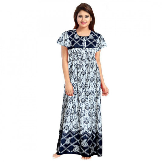 Indoraa Women's Cotton Printed Maxi Nighty (Navy Blue)