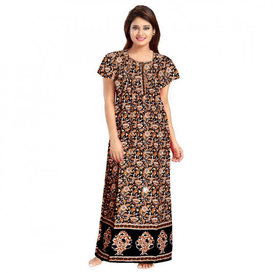 Indoraa Women's Cotton Printed Maxi Nighty (Brown)