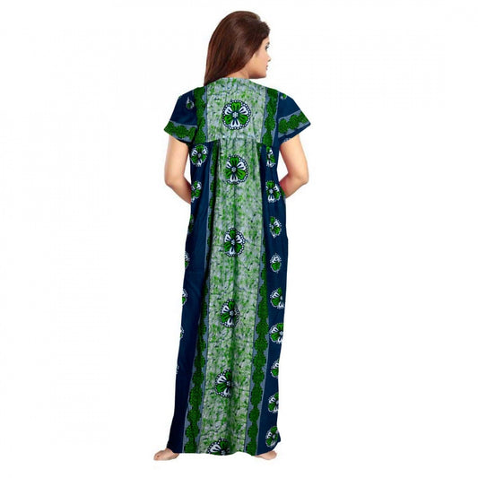 Indoraa Women's Cotton Printed Maxi Nighty (Green)