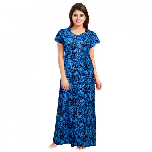 Indoraa Women's Cotton Printed Maxi Nighty (Blue)
