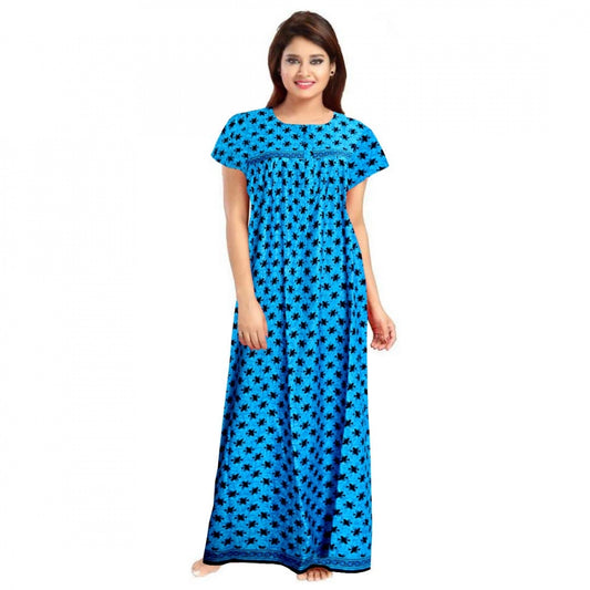 Indoraa Women's Cotton Printed Maxi Nighty (Aqua Blue)