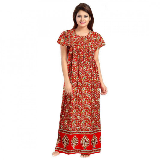Indoraa Women's Cotton Printed Maxi Nighty (Red)