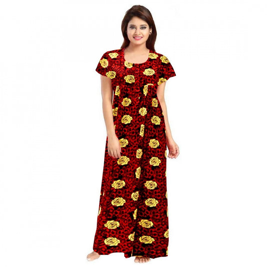 Indoraa Women's Cotton Printed Maxi Nighty (Maroon)