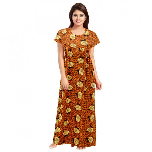 Indoraa Women's Cotton Printed Maxi Nighty (Mustard)