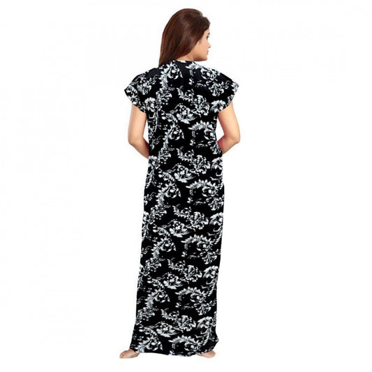 Indoraa Women's Cotton Printed Maxi Nighty (Black)