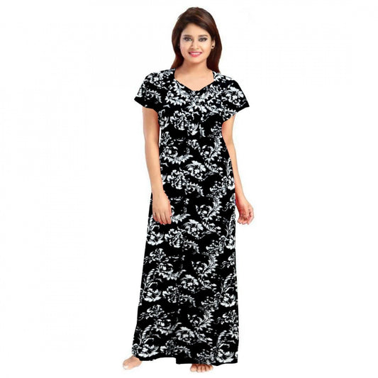 Indoraa Women's Cotton Printed Maxi Nighty (Black)