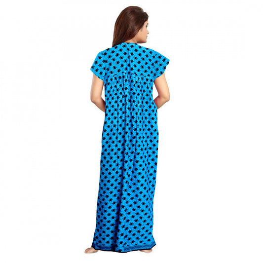 Indoraa Women's Cotton Printed Maxi Nighty (Aqua Blue)