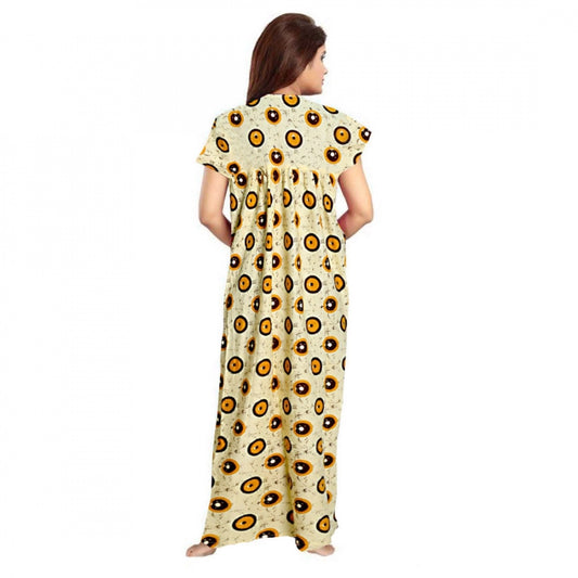 Indoraa Women's Cotton Printed Maxi Nighty (Off White)