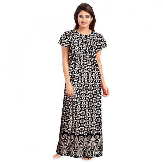 Indoraa Women's Cotton Printed Maxi Nighty (Black)