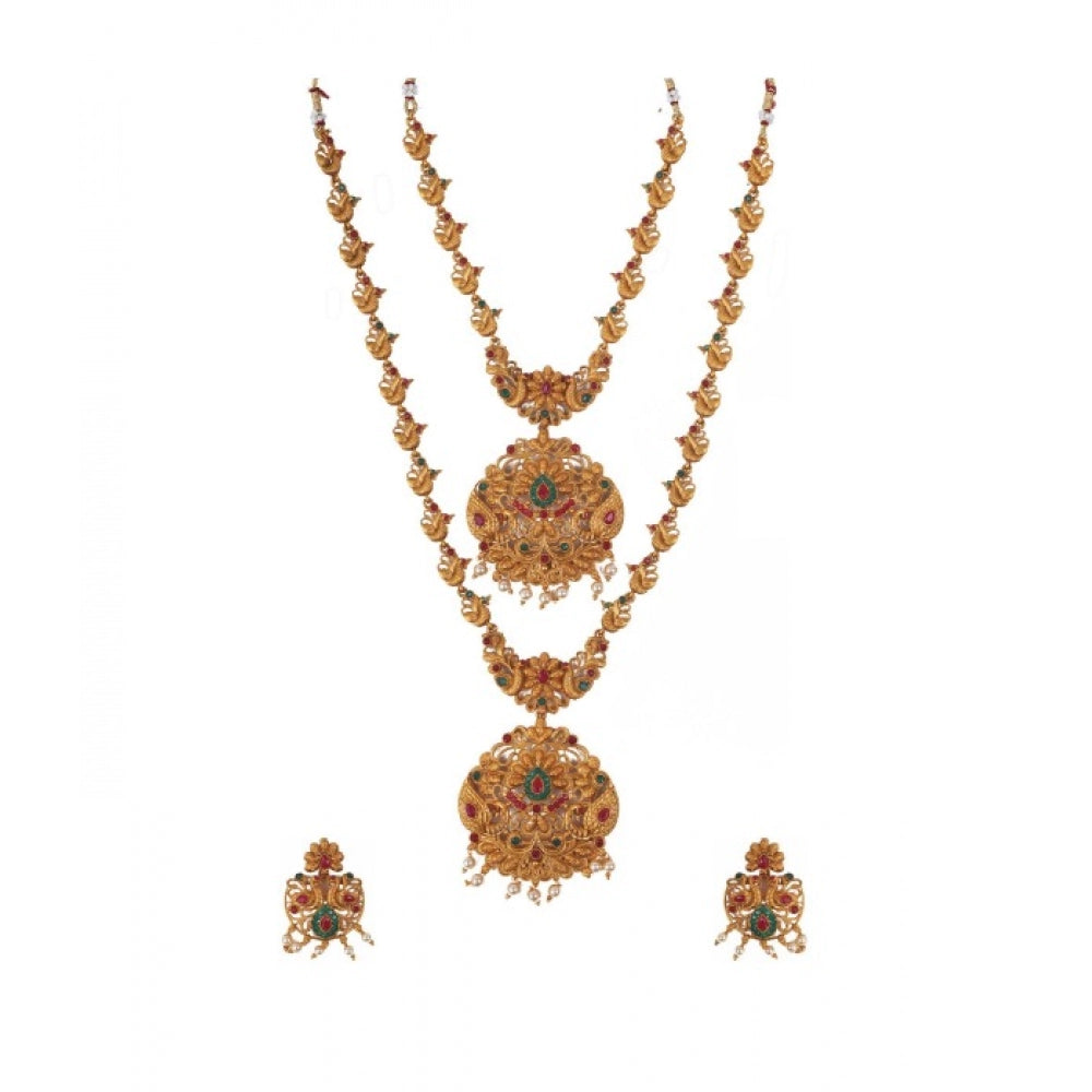 indoraa Women's Elegent And Modern Double Line Temple Jewellery Set (Red And Green, Free Size)