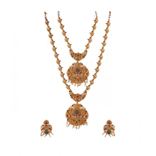indoraa Women's Elegent And Modern Double Line Temple Jewellery Set (Red And Green, Free Size)