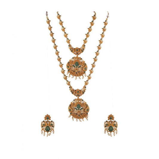 indoraa Women's Elegent And Modern Double Line Temple Jewellery Set (Green, Free Size)