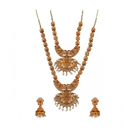 indoraa Women's Stunning Temple Jewellery Set (Red And Green, Free Size)