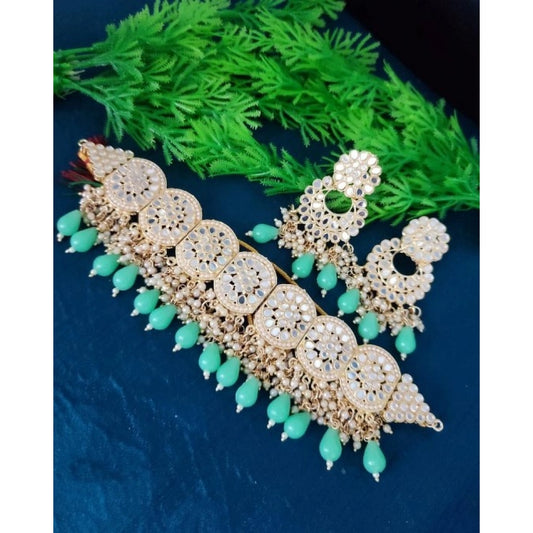 indoraa Women's Necklace Chowker Set (Green, Free Size)