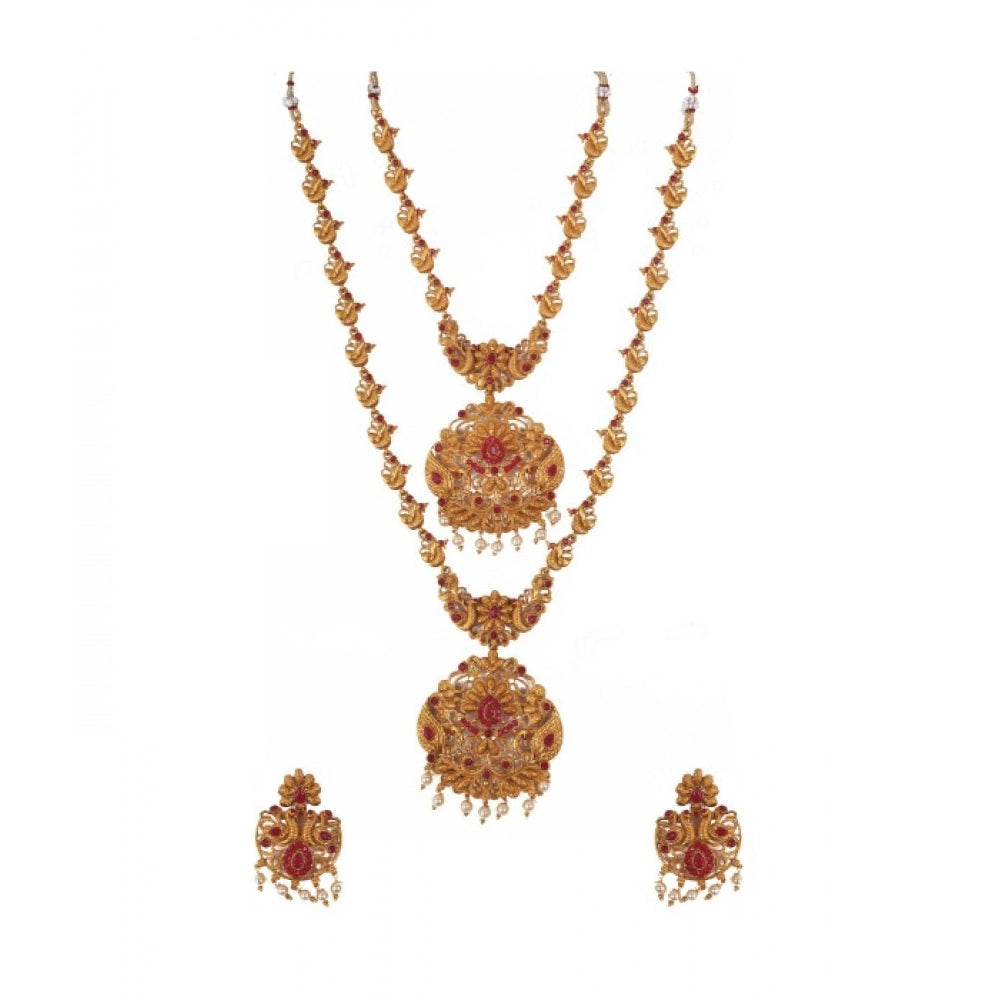 indoraa Women's Elegent And Modern Double Line Temple Jewellery Set (Red, Free Size)