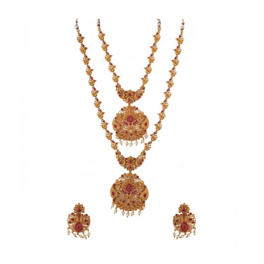 indoraa Women's Elegent And Modern Double Line Temple Jewellery Set (Red, Free Size)