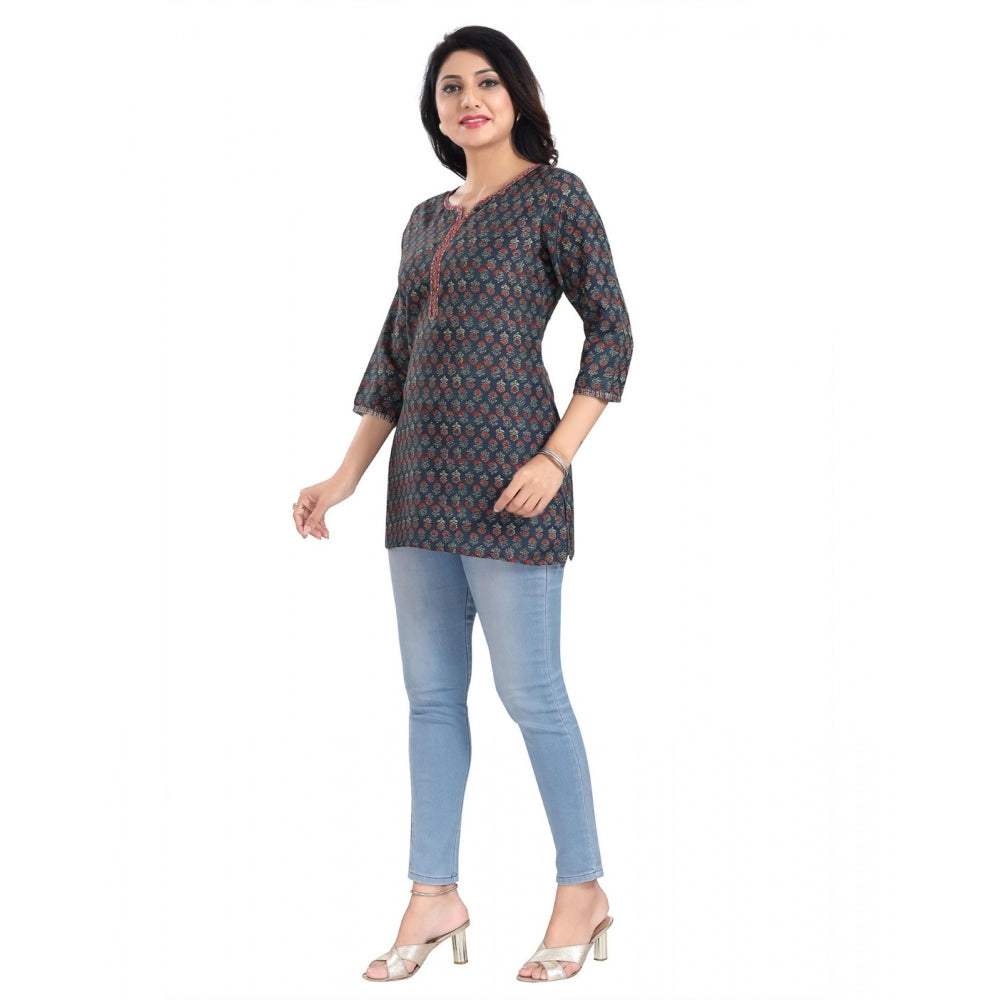 Indoraa Women's 3/4th Sleeve Viscose Blend Tunic Short Top (Blue)