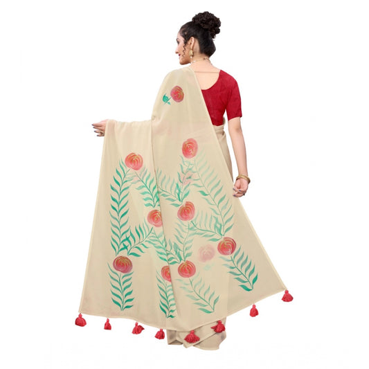 Indoraa Women's Georgette Floral Hand Printed Sarees (Beige, 5-6 Mtrs)