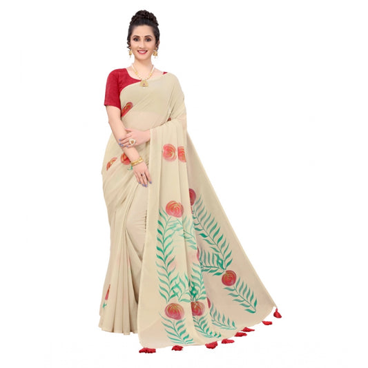 Indoraa Women's Georgette Floral Hand Printed Sarees (Beige, 5-6 Mtrs)