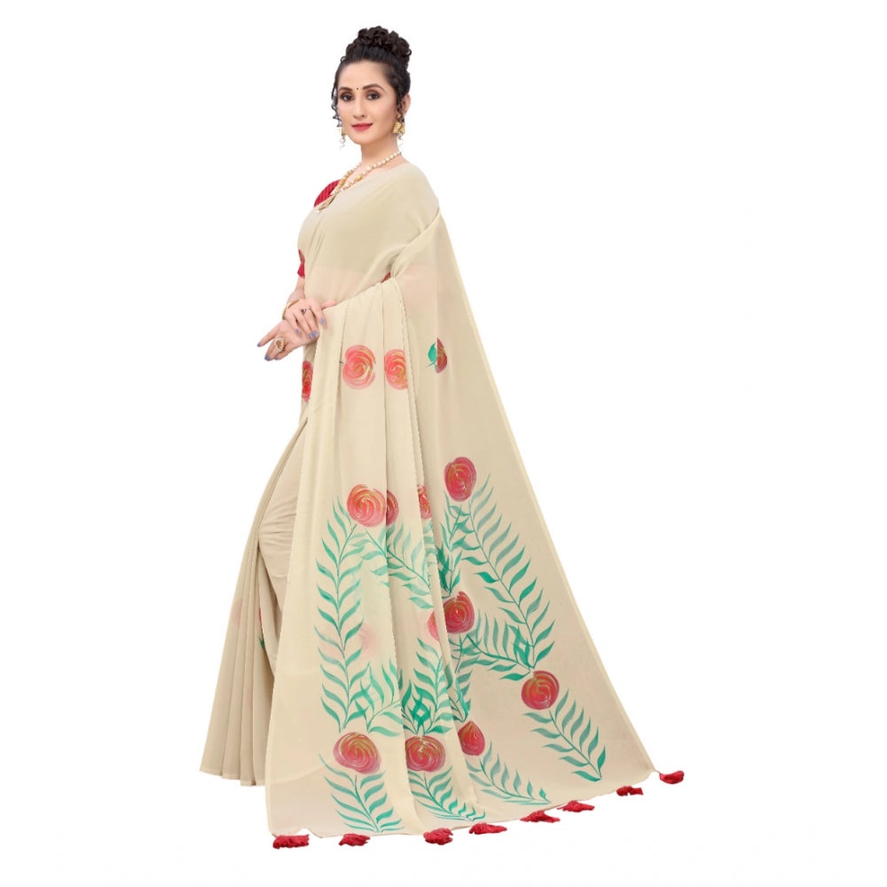 Indoraa Women's Georgette Floral Hand Printed Sarees (Beige, 5-6 Mtrs)