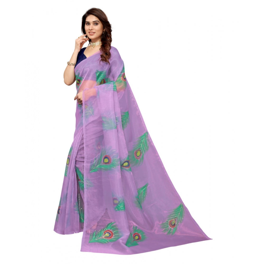 Indoraa Women's Organza Floral Pattern Sarees (Lavendor, 5-6 Mtrs)