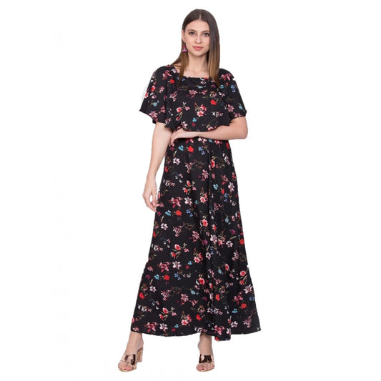 Indoraa Women's Crepe Floral Half Sleeves Full Length Gown(Black)