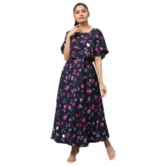 Indoraa Women's Crepe Floral Half Sleeves Full Length Gown(Dark Blue)