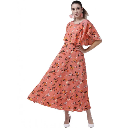 Indoraa Women's Crepe Floral Half Sleeves Full Length Gown(Orange)