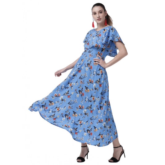 Indoraa Women's Crepe Floral Half Sleeves Full Length Gown(Blue)