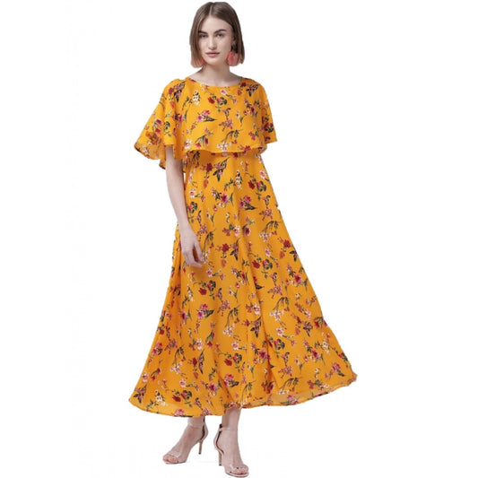 Indoraa Women's Crepe Floral Half Sleeves Full Length Gown(Yellow)