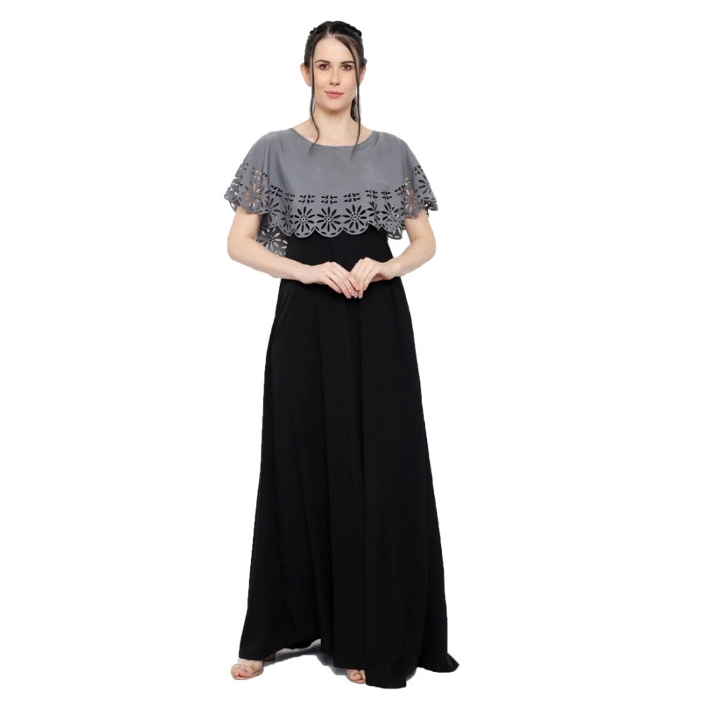 Indoraa Women's Crepe Solid Sleeveless Full Length Gown(Grey Black)