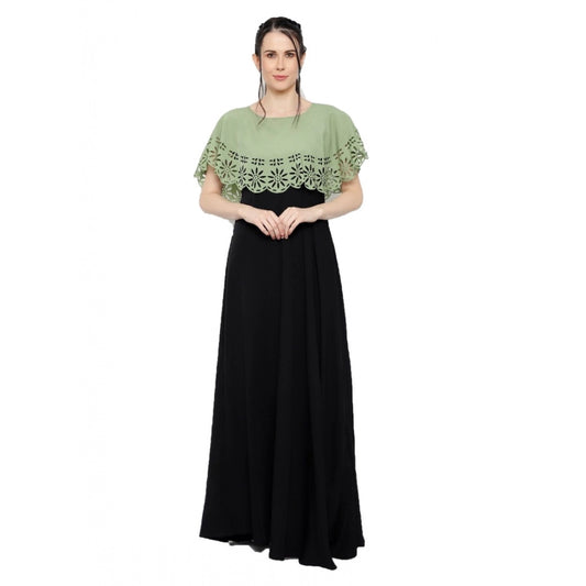 Indoraa Women's Crepe Solid Sleeveless Full Length Gown(Green Black)