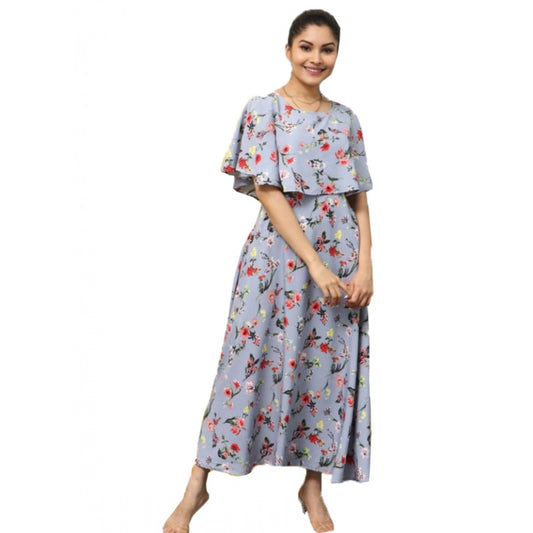 Indoraa Women's Crepe Floral Half Sleeves Full Length Gown(Light Grey)