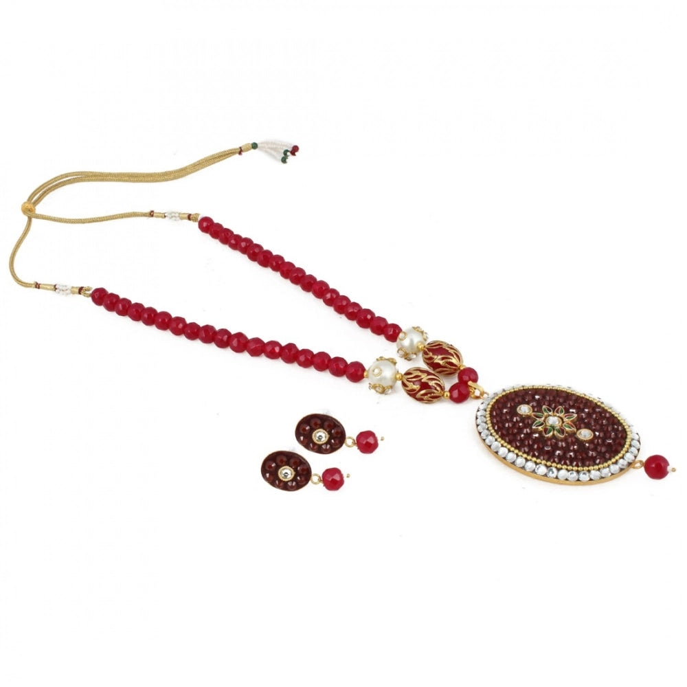 indoraa Women's Stylish Maroon Golde Plated Traditional Kundan Necklace Set with Earrings (Color: Red)