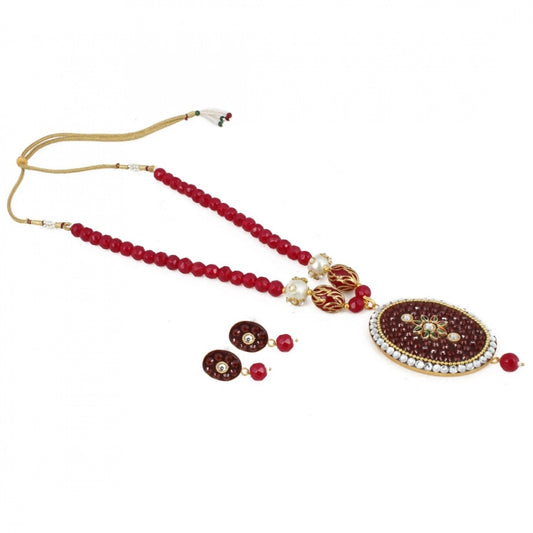 indoraa Women's Stylish Maroon Golde Plated Traditional Kundan Necklace Set with Earrings (Color: Red)