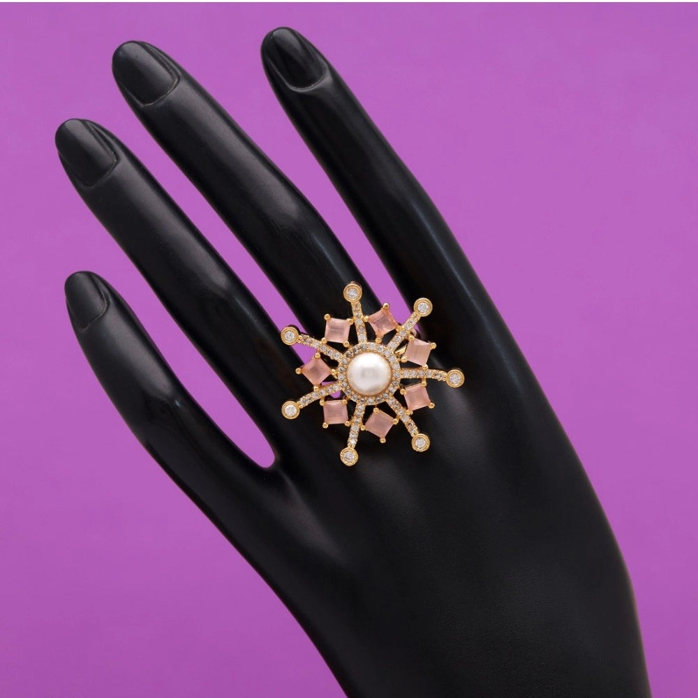 indoraa Women's Pink Color American Diamond Finger Adjustable Ring