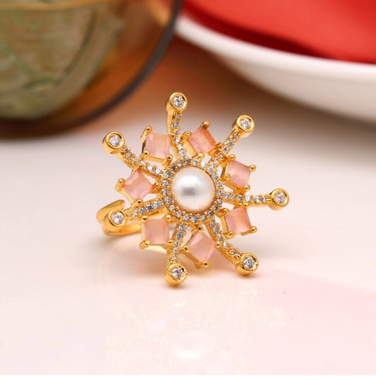 indoraa Women's Pink Color American Diamond Finger Adjustable Ring