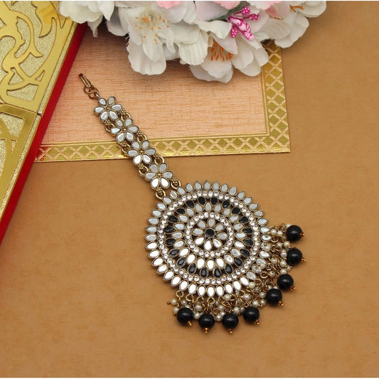 indoraa Women's Black Color Mirror Work Maang Tikka
